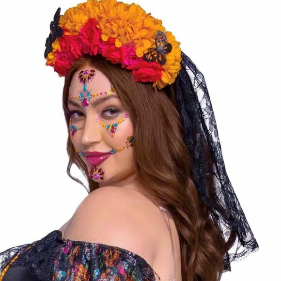 Plus Day of the Dead Sugar Skull Costume Womens 1x 2x Dia de los Muertos Dress - Picture 11 of 12